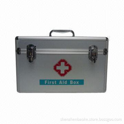 Workplace first aid kit in aluminum box with medical products